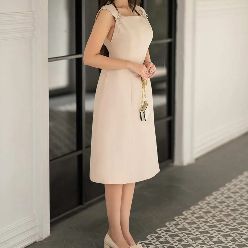 

Customized A-line Evening Dresses Tea-length Square Collar Sleeveless Prom Gown Fashion Crystal Bow Simple Draped Party Gown