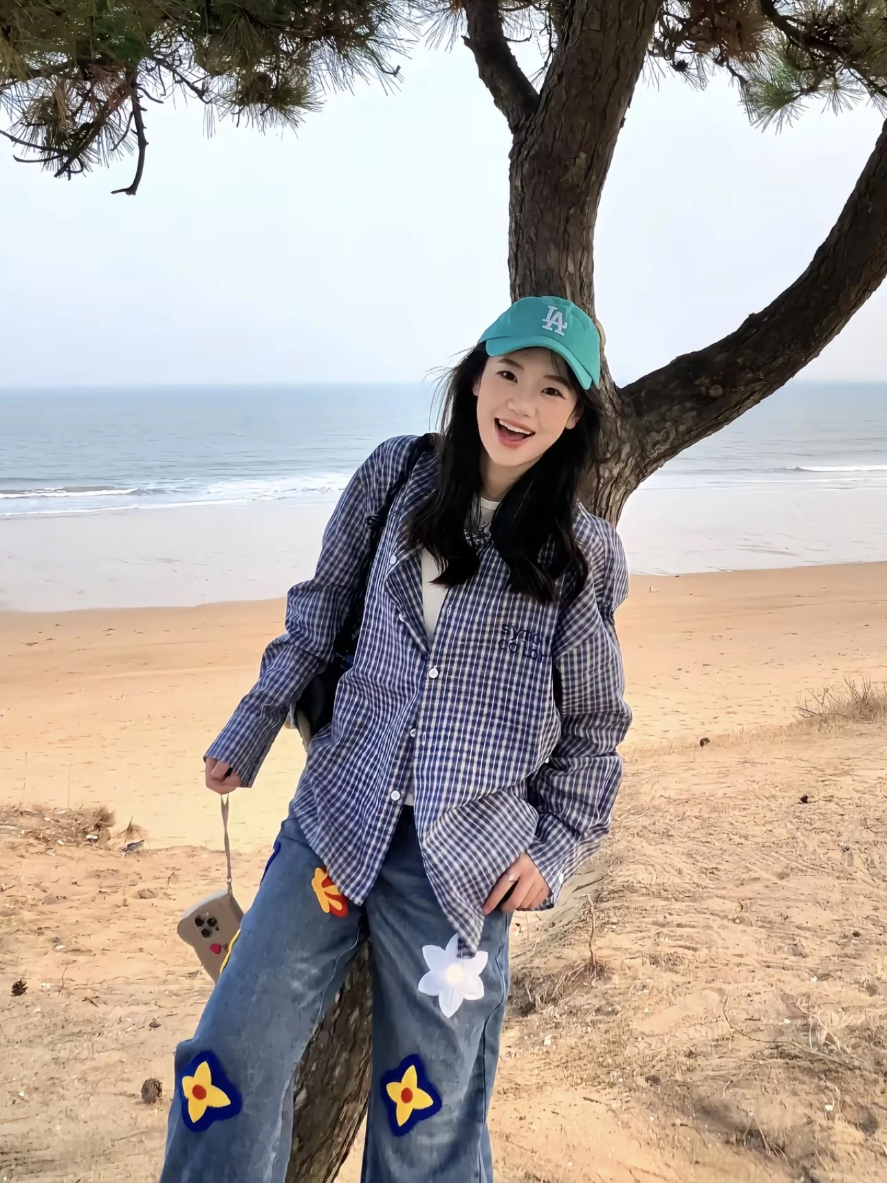 

Ретро американский синий клетчатый длинный све с вышивкой, повседневная свободная куртка для поездок на работу и женщин, осенняя универсальная верхняя одежда