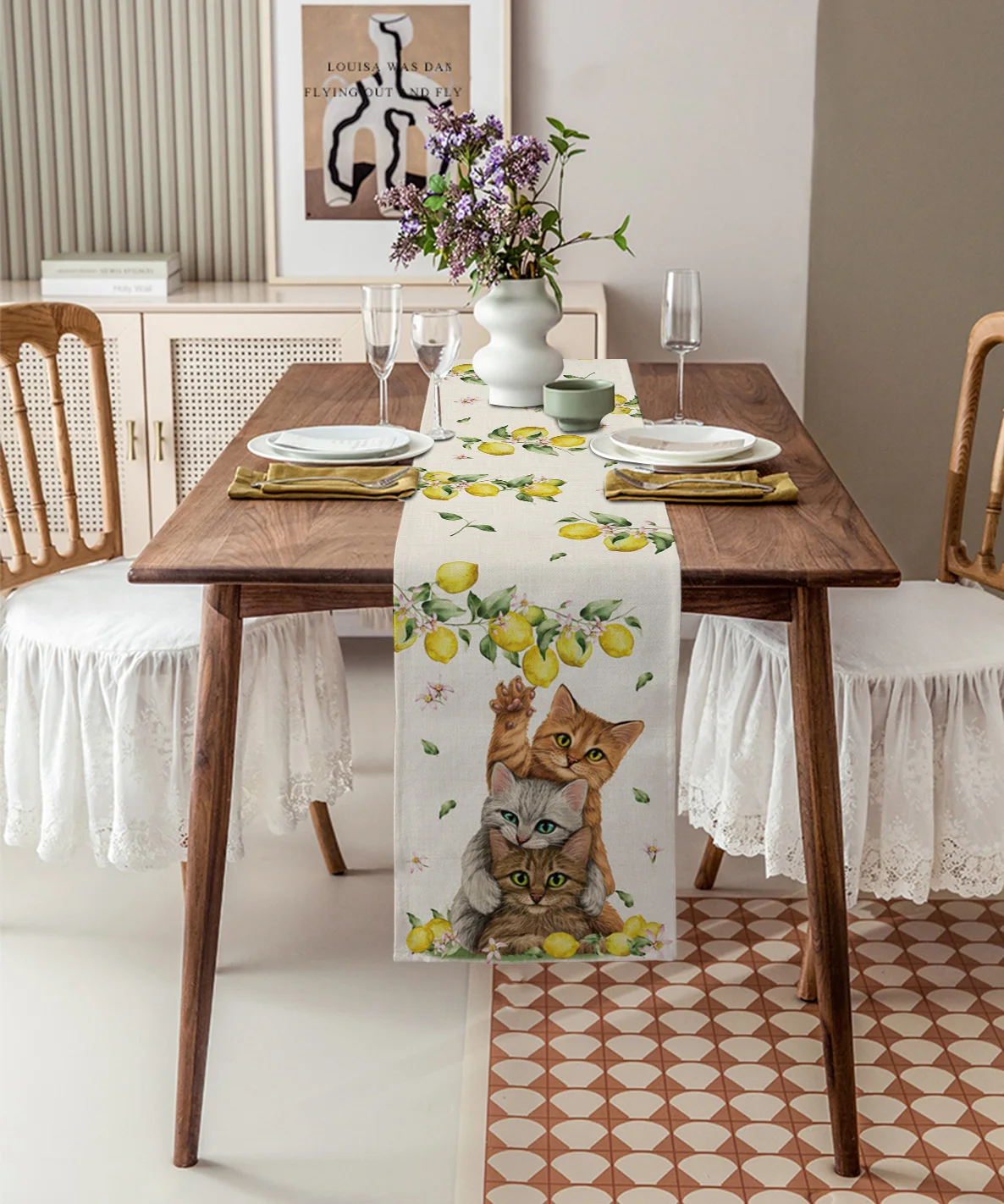 Summer Fruit Lemon Cat Linen Table Runners Kitchen Table Decoration Accessories Dining Table Runner Wedding Party Supplies