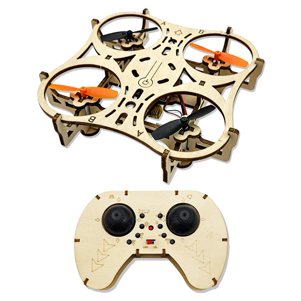Wooden Quadcopter Kit Designed for Assembly with LED Light Features Hover Mode and 360 Degree Aerial Rotation Capabilities