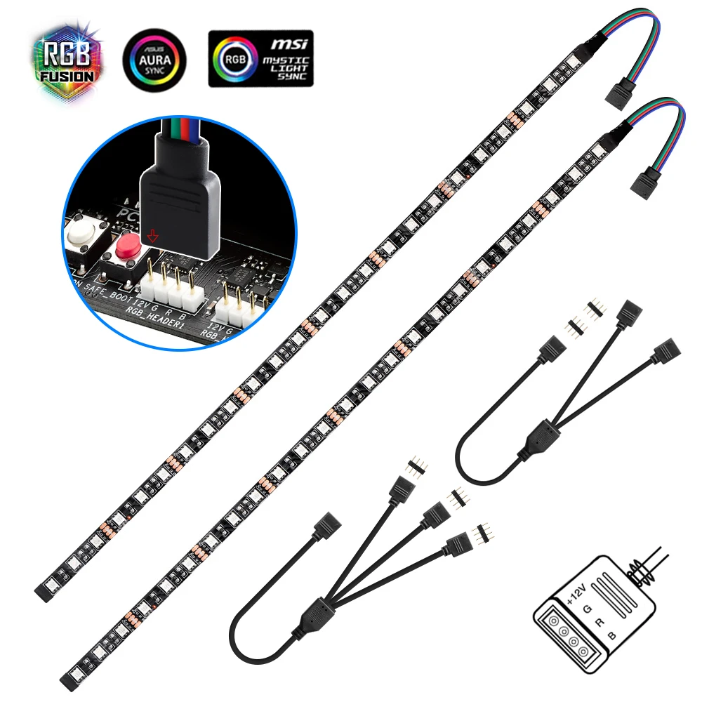 Bande lumineuse de jeu LED RGB 1 à 2/3, Kit séparateur pour carte mère 12V Aura Sync 4 broches, rétro-éclairage LED, décor de boîtier d\'ordinateur