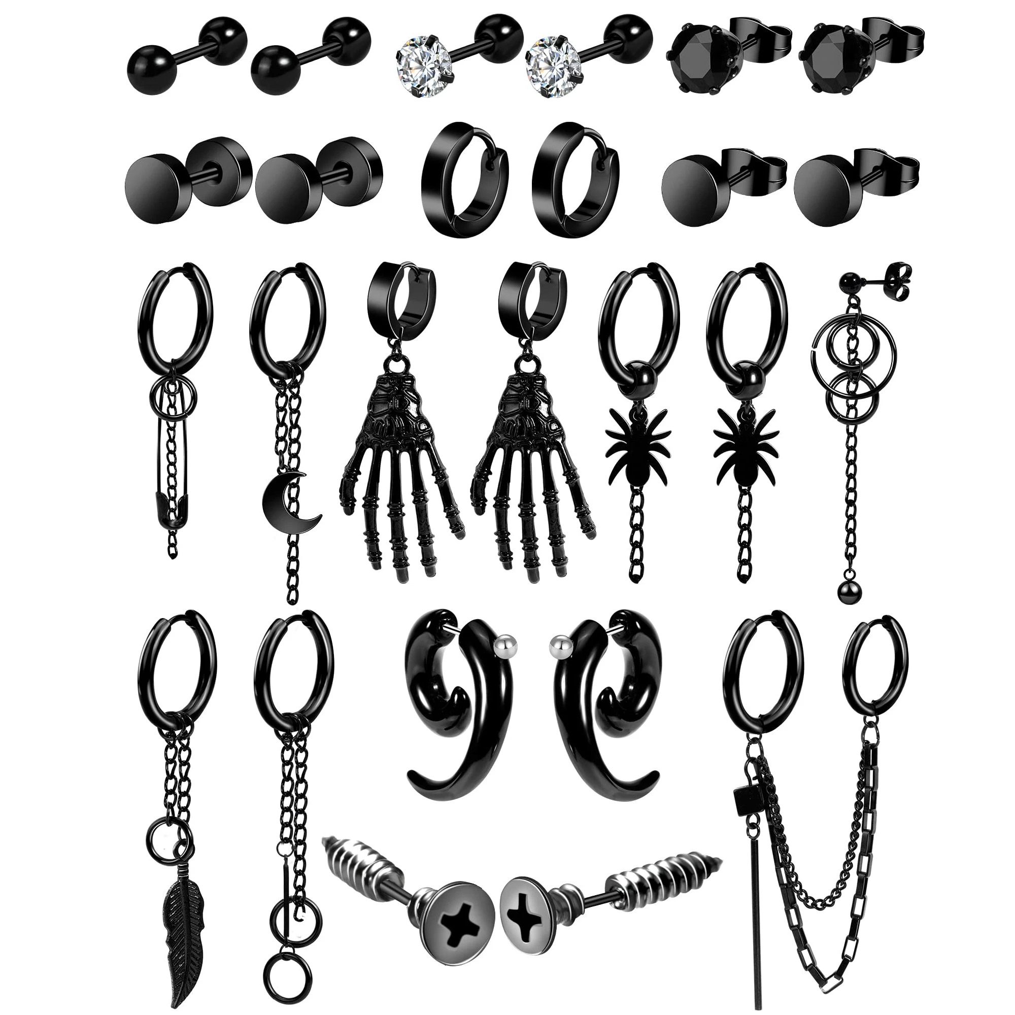 

26 Pcs Stainless Steel Punk Goth Skull Moon Screw Cone Spider Stud Earrings Dangle Hoop Earrings for Jewelry Piercing Set