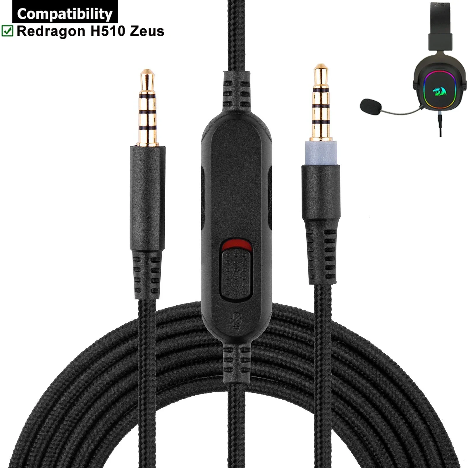 Braided OFC Replacement Cable Extension Cord for For Redragon H510 Zeus Wired Gaming Headsets With Mute Function Volume Control