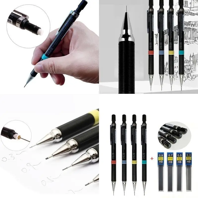 4 Pieces Automatic Pencils 0.3mm 0.5mm 0.7mm 0.9mm Sketching Pencils Metal Mechanical Pencils Drawing Pencils for School