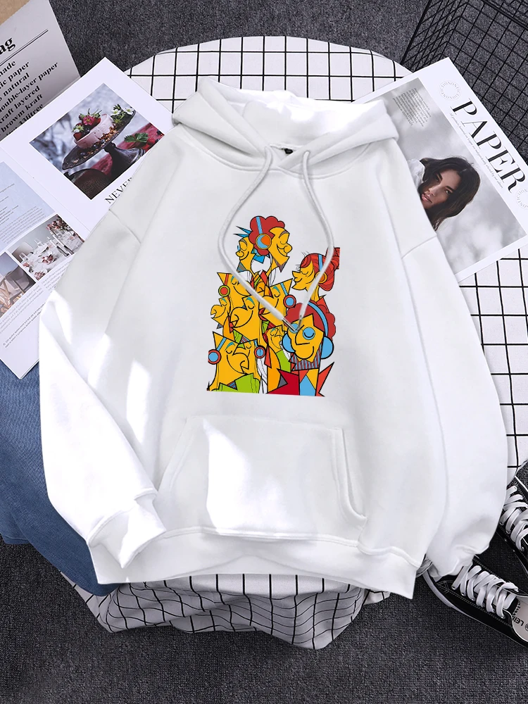 A Group Of People Wearing Headphones Print Sweatshirt Woman Hip Hop Street Hoodies Crewneck Pocket Hoody Female Loose Clothes