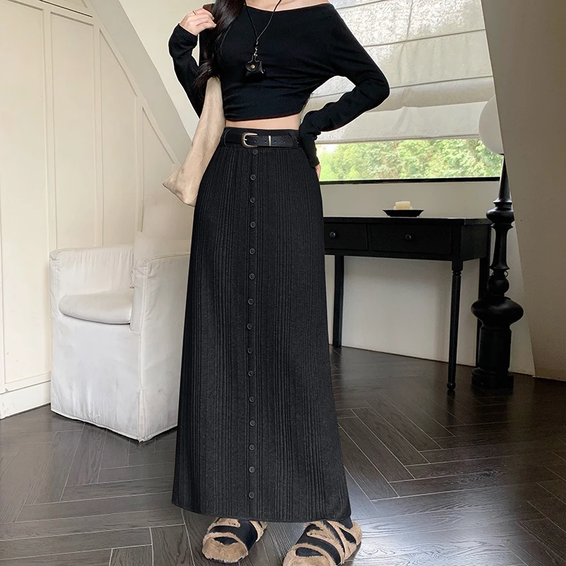 Nieuwe herfst winter mode knoppen effen kleur gebreide rok elegante split rechte pakket hip hoge taille lange rokken