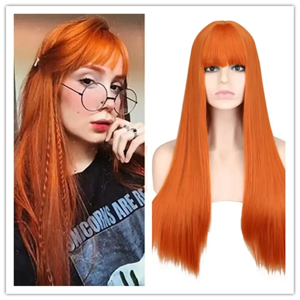 Whimsical w longa reta laranja peruca cosplay festa perucas com franja perucas de cabelo sintético para mulher resistente ao calor para festa diária