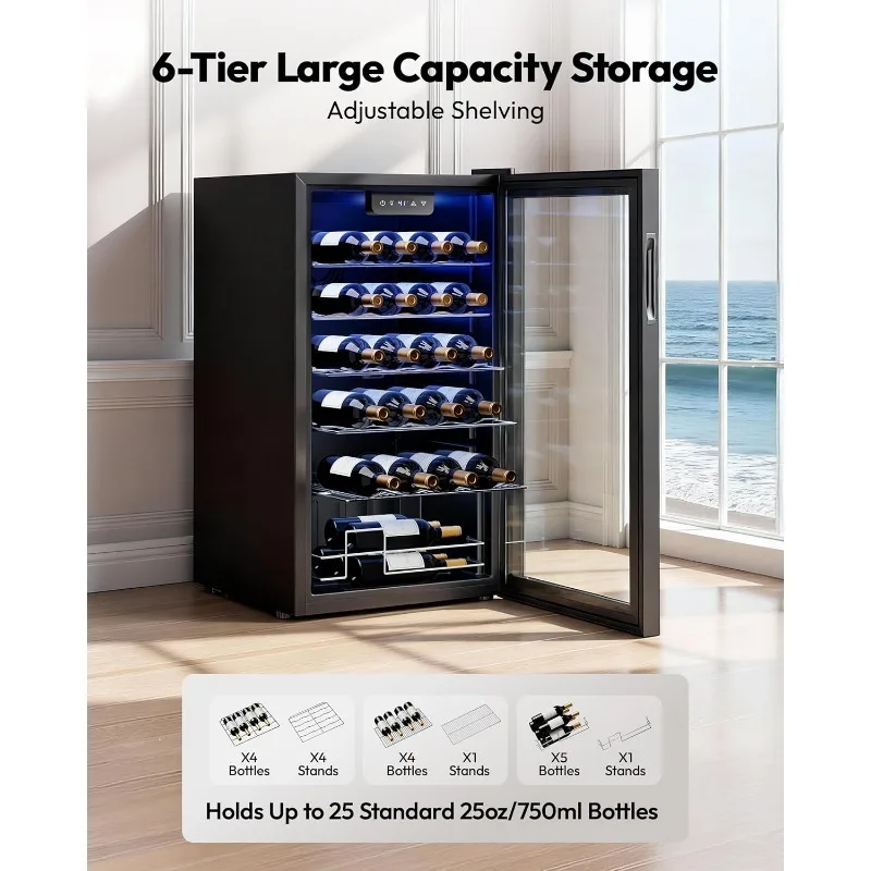 25 bottle Wine Cooler Refrigerator, Freestanding Compressor Wine Fridge with Adjustable Temperature and Digital Control