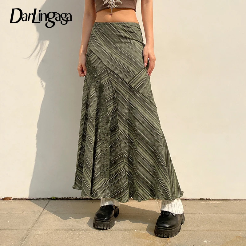 

Darlingaga Fairycore Stripe Frill Elegant Maxi Skirt Women Embroidery Vintage Clothes Y2K Aesthetic Long Skirt Chic Boho Stitch