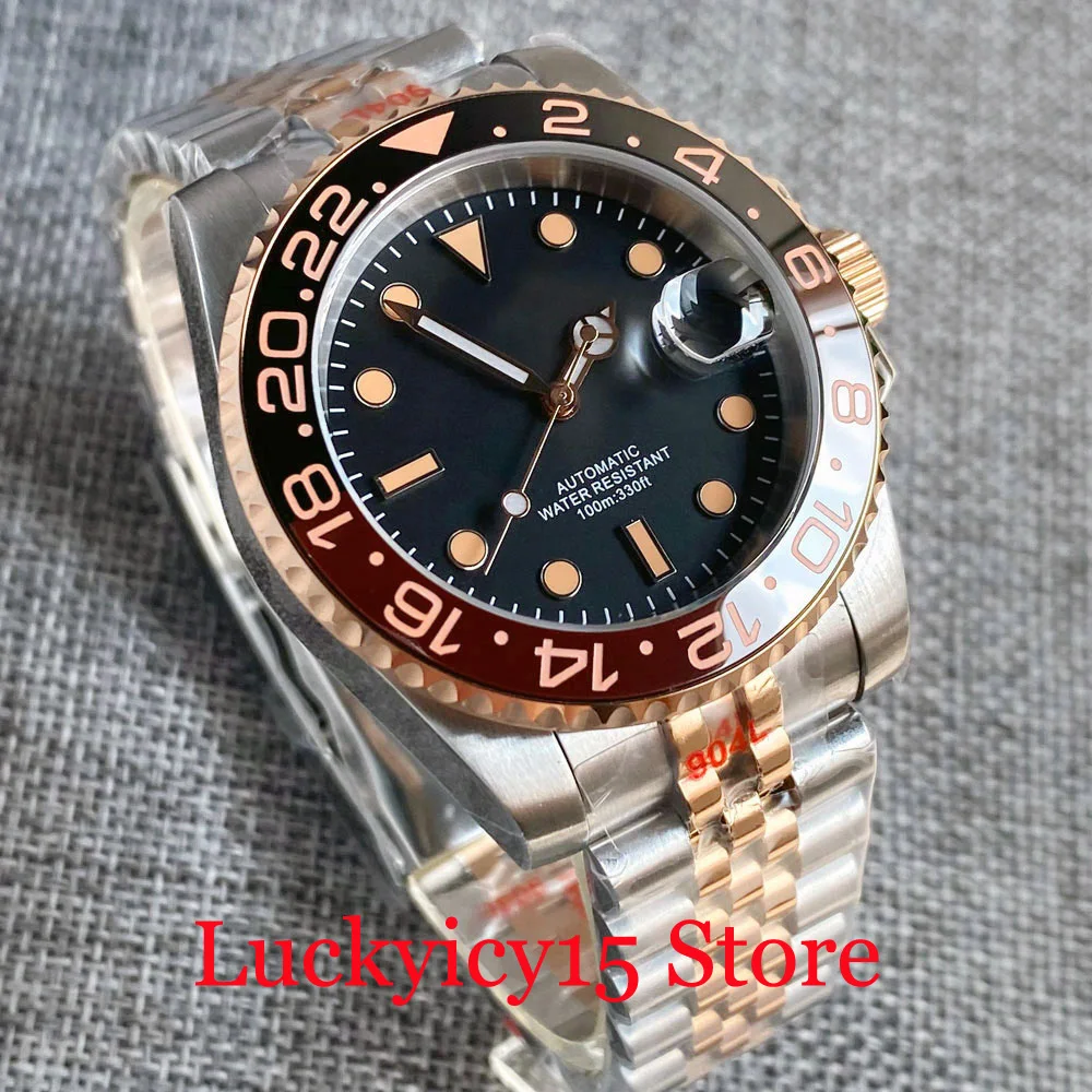 Bliger Black Sterile Dial Black Coffee Ceramic Bezel 40MM Automatic NH35A Men's Watch Two Tone Rose Gold Strap Sapphire Glass