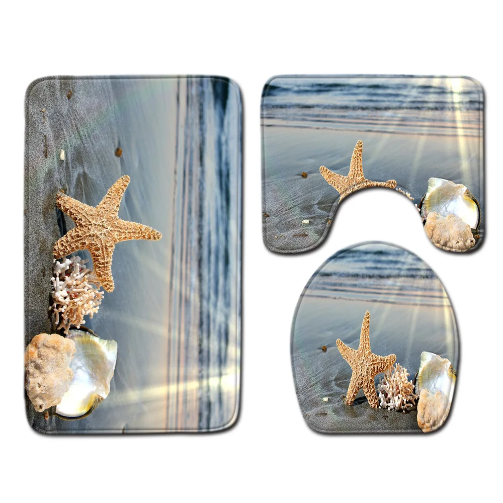 3 Piece Set Beach Shells Floor Mat Door Mat Bathroom Carpet Bathroom Carpets Toilet Seat Cover Floor Mat Bathroom Decor