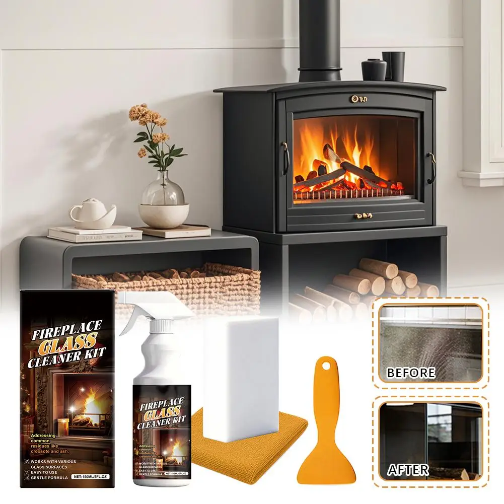 Kit de limpieza de vidrio multifuncional para chimenea, 150ml, limpieza del hogar, varias superficies de vidrio, polvo, juego de limpiador de vidrio de superficie suave