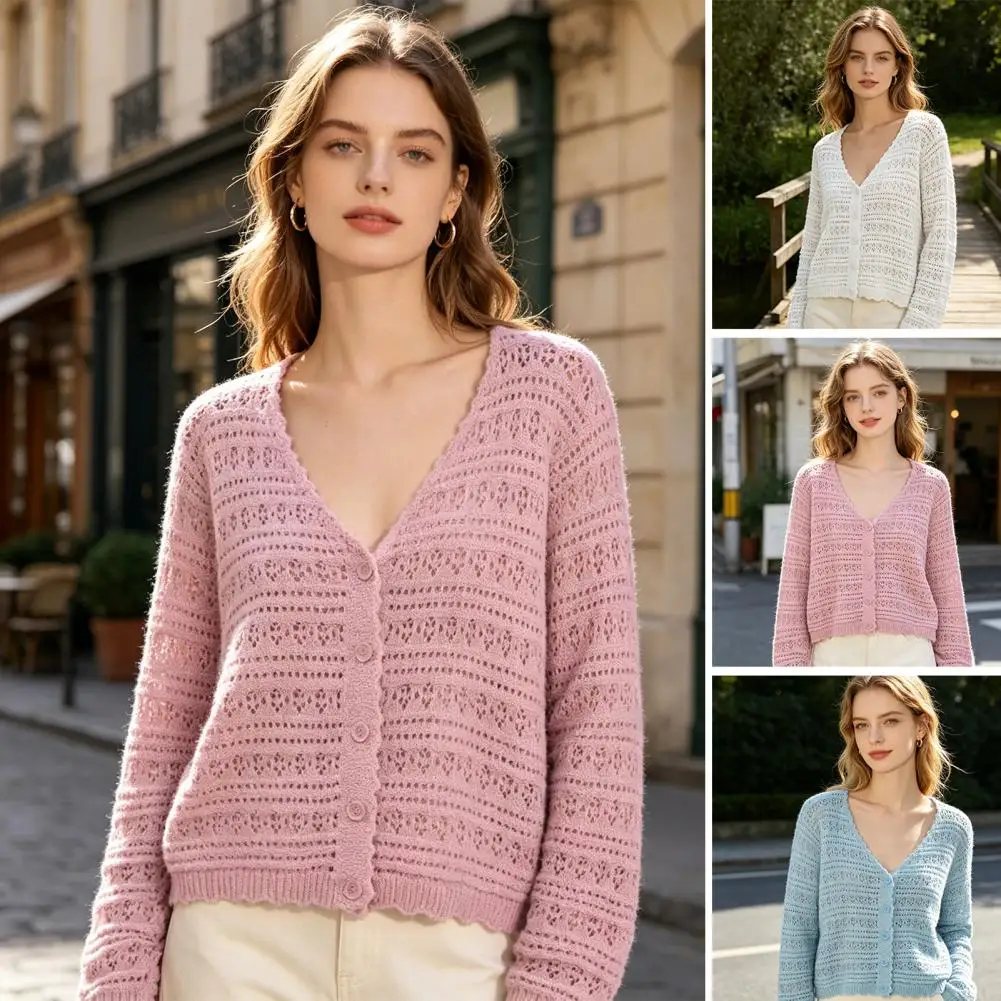 Summer Hollow Out Cardigan Women V-neck Stylish Sun-proof Sweet Knitwear Casual Femme Solid All-match Long Sleeve Cozy Holiday