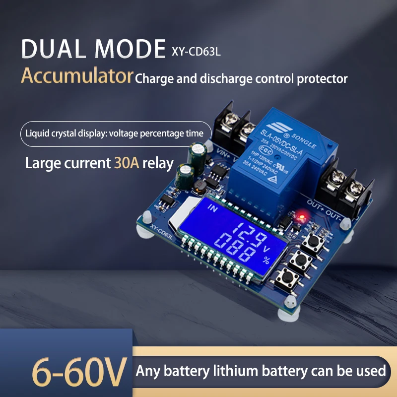 XY-CD63L 30a Batterij Opladen Regelmodule Volledig Uit Dc Spanningsbeveiliging Onder Spanning Vermogensverlies Beschermer 6-60V