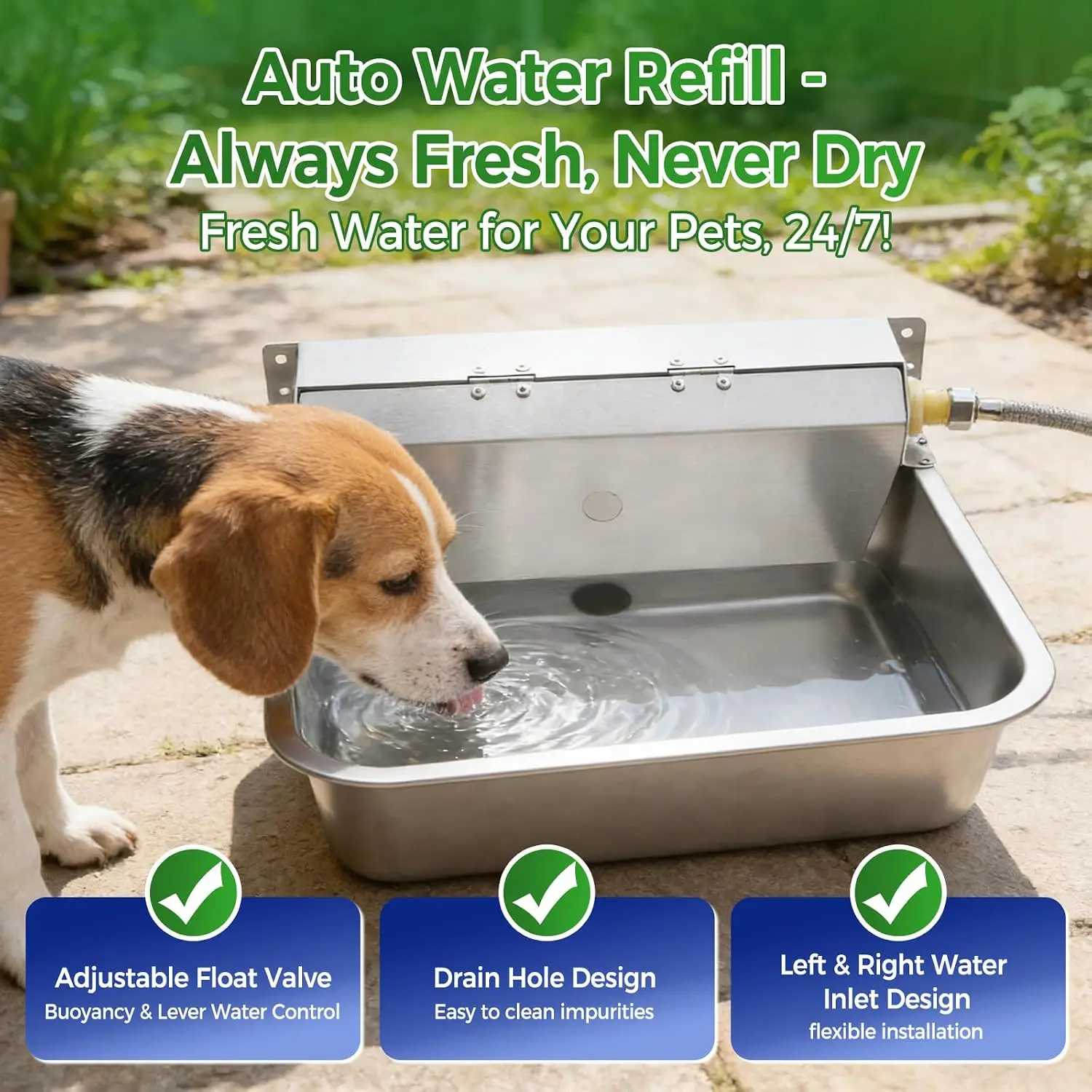 304 Stainless Steel Automatic Livestock Waterer, 4-Gallon Auto Dog Water Bowl Dispenser with Drain Hole, Float Valve and Hose Quick Connect Fitting, for Horses and Chickens