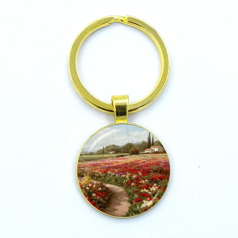 Claude Monet at Argenteui Landscape Oil Painting Keychain Glass Dome Key Ring Bag Car Keyring Holder Charms Jewelry Gifts