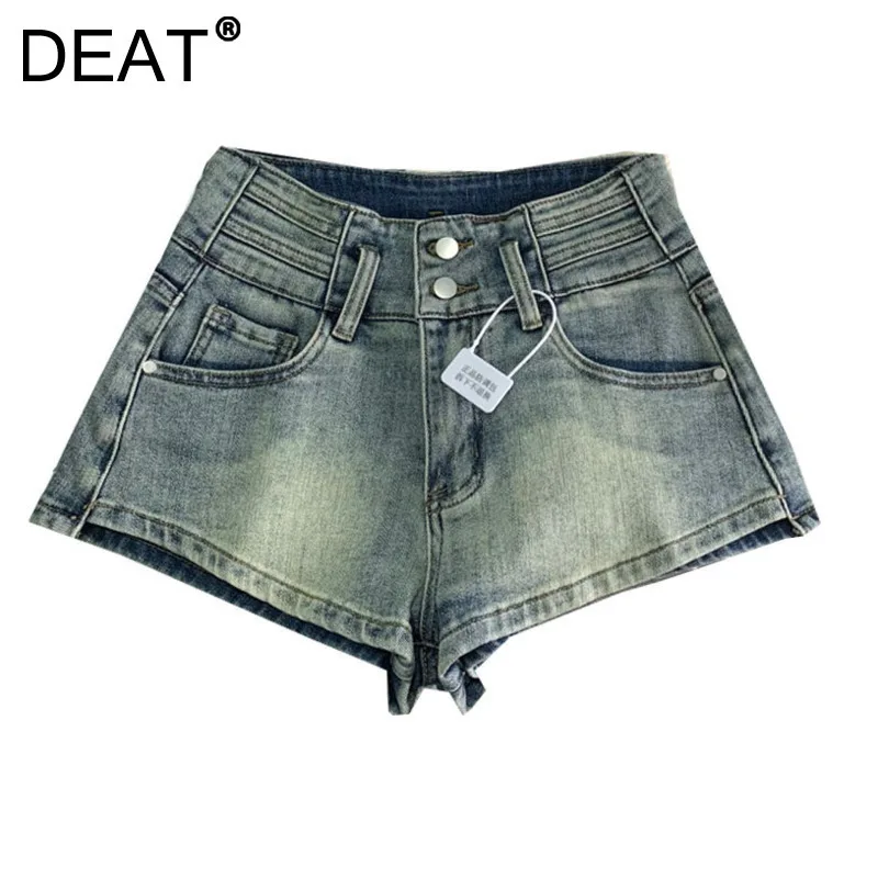 DEAT Women's Denim Short Slim Double Buttons High Waist Wrap Hips Wide Leg Causal Short Pants 2025 New Fashion Spring 29L9546