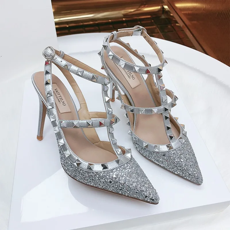 Genuine Leather Women High Heels Sandals 2024 Trend Summer Rivets Sequin Pointed Pumps Sexy Classic Girl Sandals Wedding Shoes