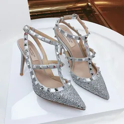 Sandales à Talons Hauts en Cuir group pour Femme, Escarpins Pointus à Paillettes, Chaussures de Mariage Sexy et Classiques, Tendance Été 2024