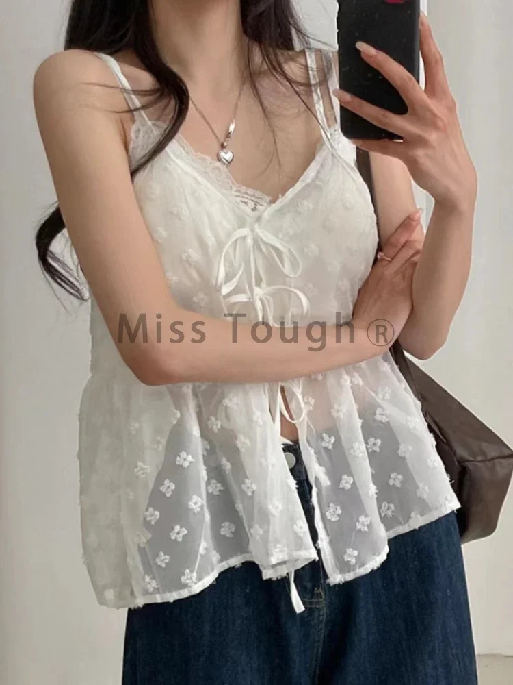 French Lace Sling Elegant Mesh Tops Women Summer Fashion Stacked Design Loose Gauze Tanks Korea Vintage Outwear Camis 2024 New