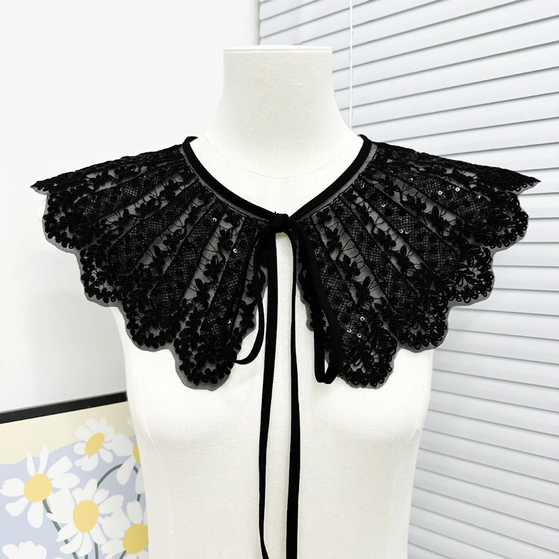 Black Lace Detachable Collar Embroidery Sequin Shawl Collar Hollow Out False Collar Shirt Dress Decor Necklace Accessories
