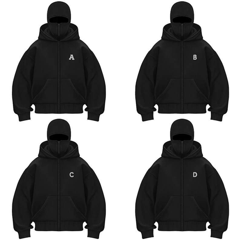 Black Zipper Hoodie Men New Masked Tide Letter Decoration Sweatshirt Winter Long Sleeve Outdoor Leisure Women Jacket Streetwear﻿