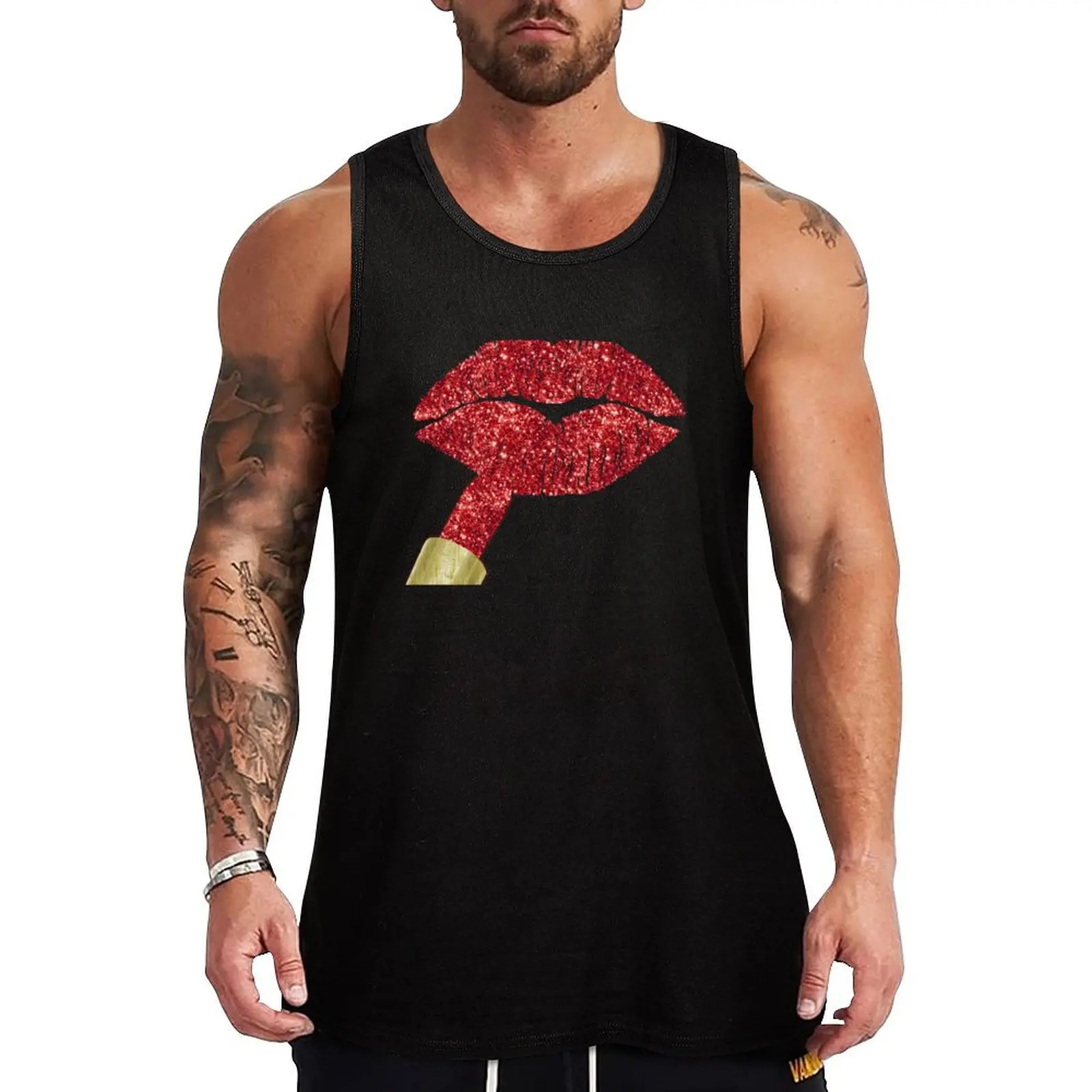 

Red Kiss, lipstick on pouty lips, fashion art Tank Top sleeveless t-shirts for men sports vest Vest for boy