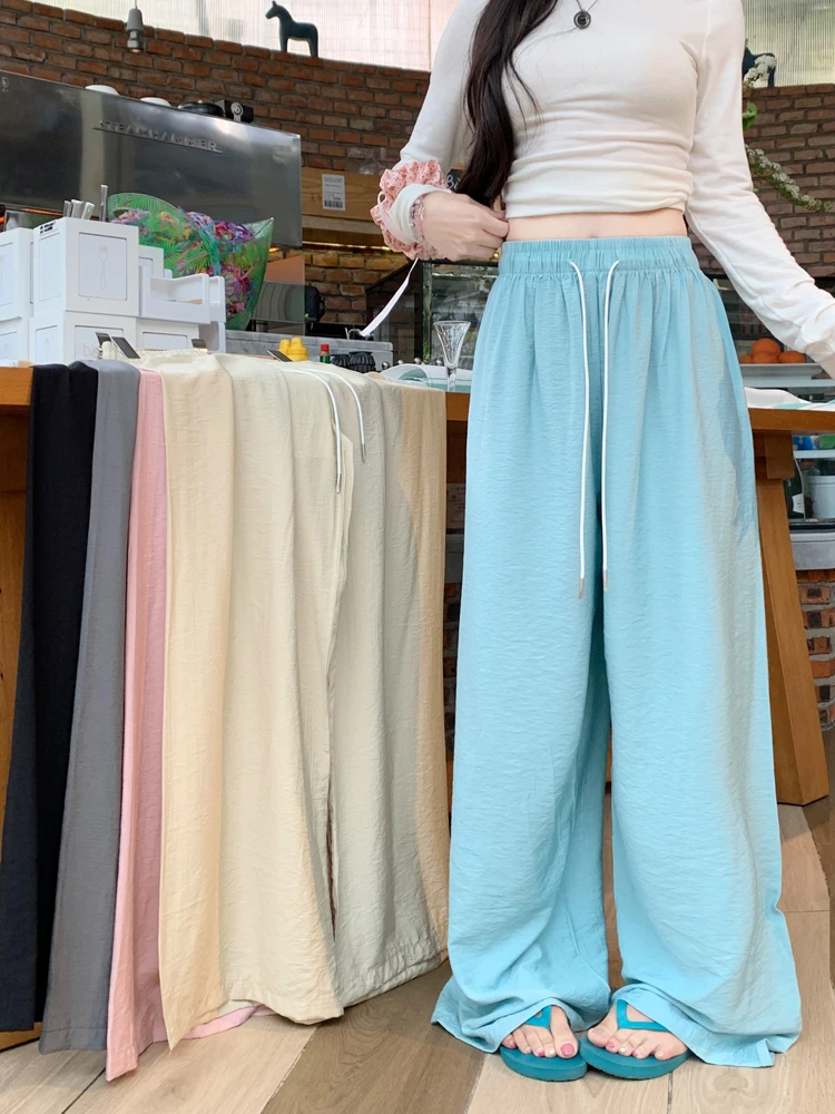 Gray Ice Silk Casual Pants For Women 2024 Summer High Waisted Loose Straight Wide Leg Pants