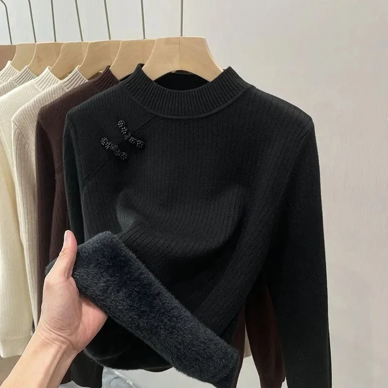 Women Half Turtleneck Plus Velvet Thicke Sweaters Winter Warm Long Sleeve Knitted Tops Casual Plush Fleece Lined Soft Pullover