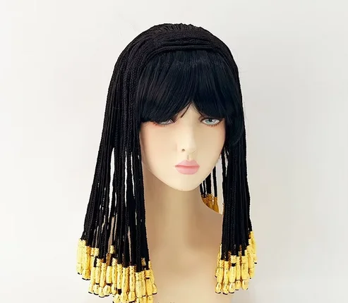 Cleopatra-Peluca de Cosplay de Reina Egipcia, pelo sintético resistente al calor, color negro, para fiesta de Halloween, Carnaval, gorra