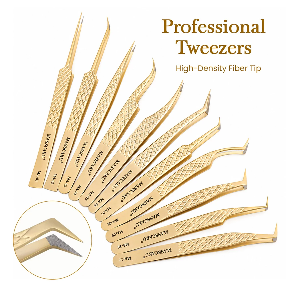 

MASSCAKU Volume Tweezers Gold Lash Tool Super Grip Fiber Tip Professional Fan Making Tweezers for Lash Artists