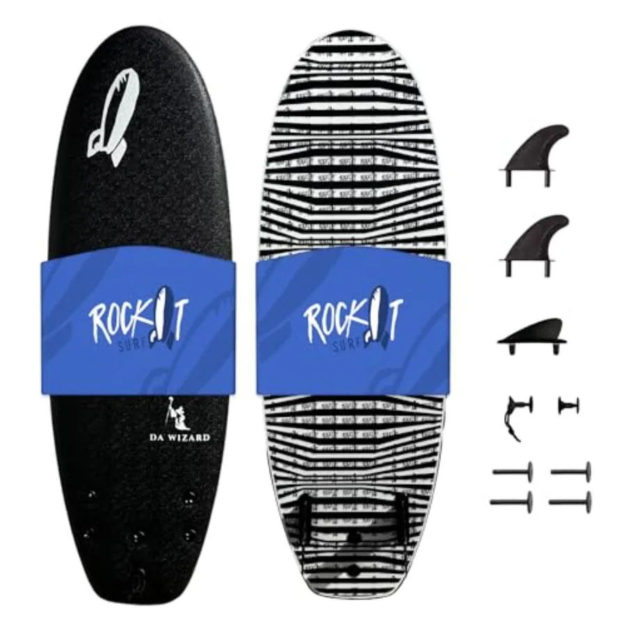 

4'10 Rock-It DA Wizard Performance Soft Top Surfboard Black 39L Foam for Ocean Wave Pool River Surfing with 2+1 Fin System Rein