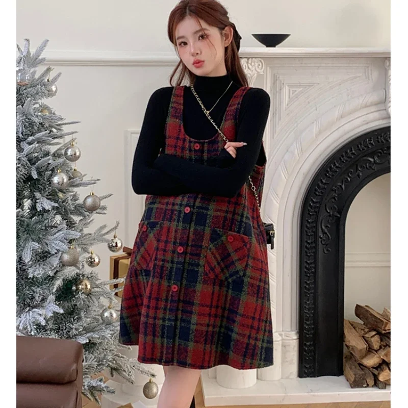 Korean Style Maternity Clothes Set Short Pregnant Woman Woolen Plaid Sundress Long Sleeve Basic Tees Twinset Pregnancy Dress Set