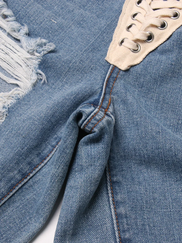 TWOTWINSTYLE Patchwork Ribbons Denim Shorts For Women High Waist Hollow Out Casual Streetwear Short Trousers Female Fashion 2022