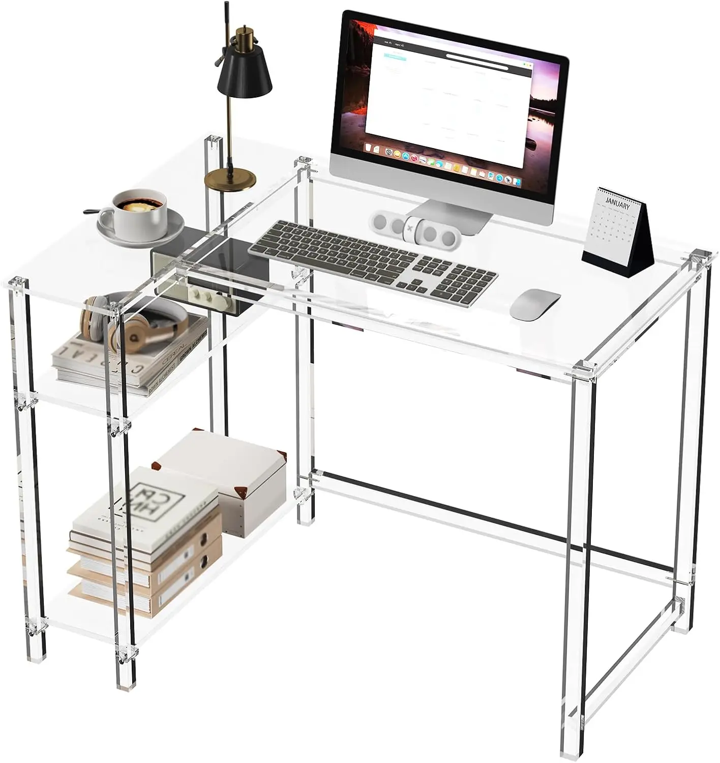 

Eglaf Acrylic L-Shaped Desk,Clear Desk with Reversible Storage Shelves,Modern Home Office Desk Corner Desk for Study, Writing