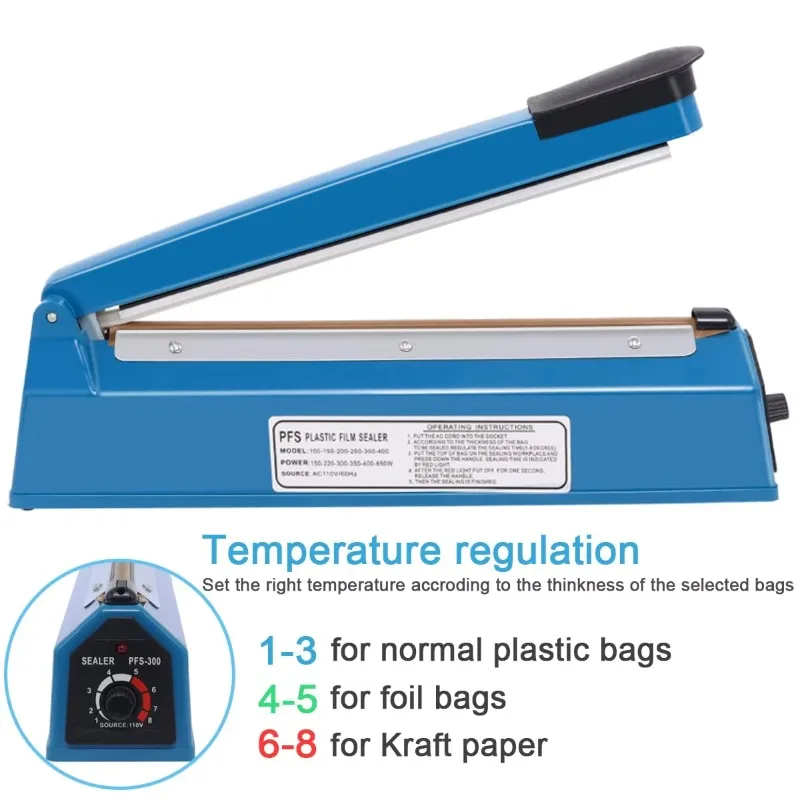 Máquina de sellado térmico manual semiautomática de 300Mm, máquina de sellado de película de cartón de plástico y alimentos, máquina de sellado por pulsos