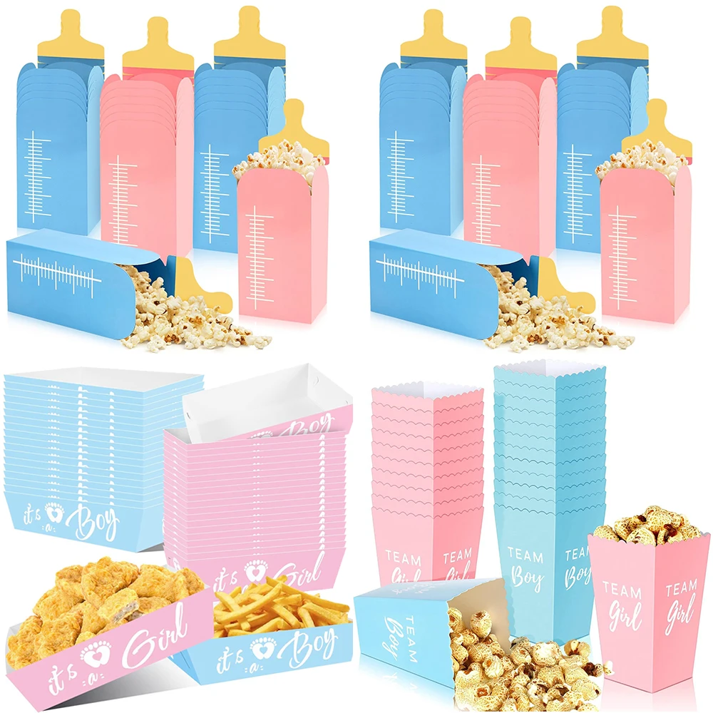 Gender Reveal Paper Popcorn Boxes Blue Pink Mini Popcorn Candy Treat Boxes Boy Girl Paper Popcorn Boxes for Baby Shower Decors