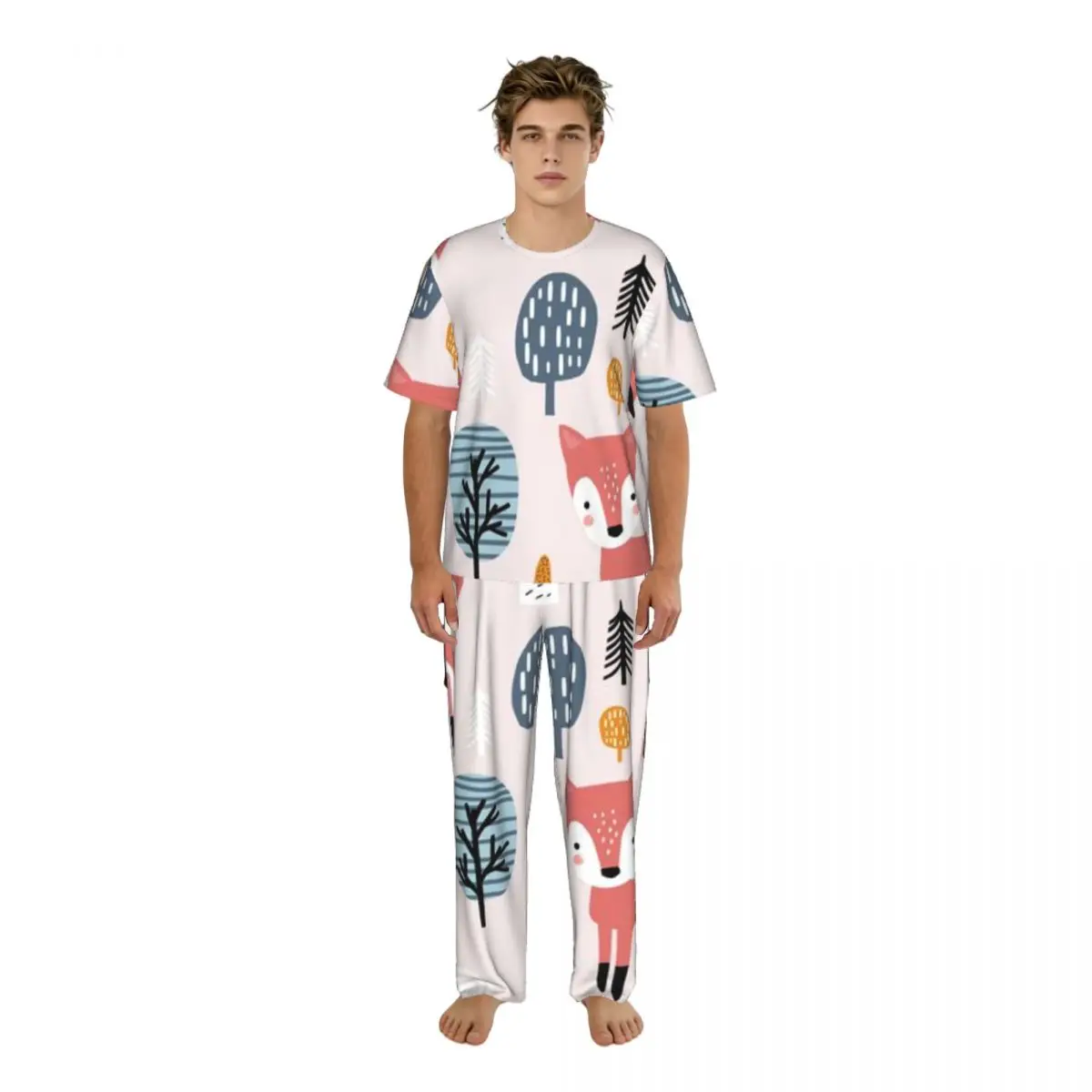 Men Pajamas Set Fox Mushrooms Forest Texture Short Sleeve Spring Summer Lounge Sleepwear Male Nightwear