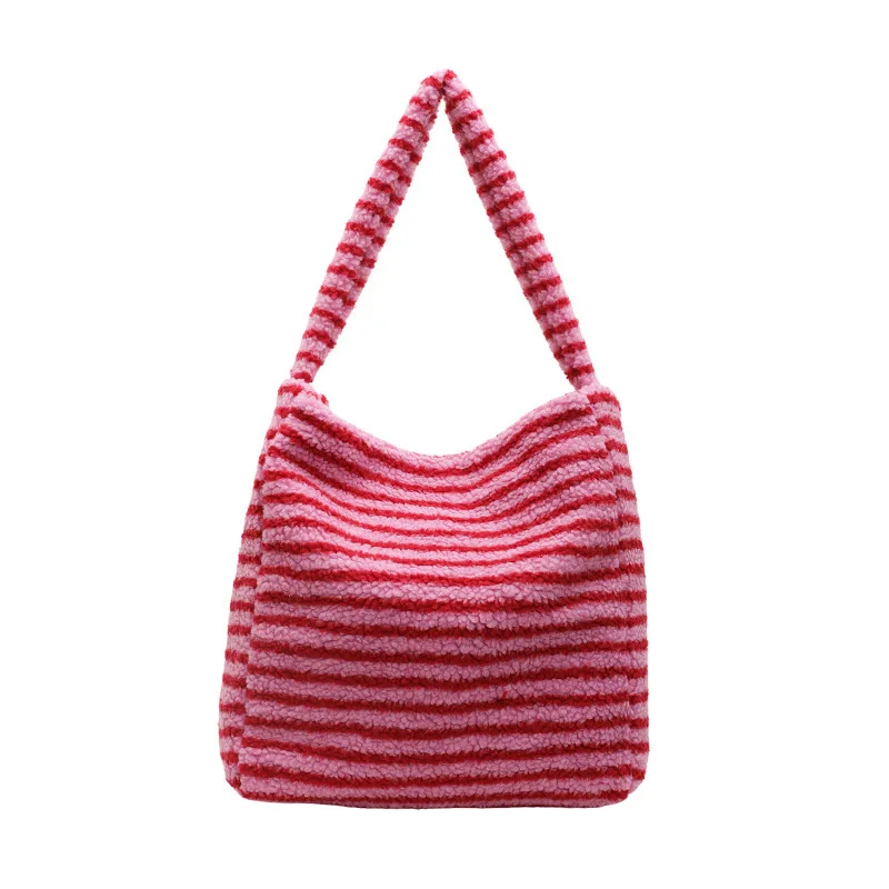 

Personalized Casual Soft Plush Tote Bag Fashionable Contrasting Color Horizontal Stripes Lightweight For Class Commuting,