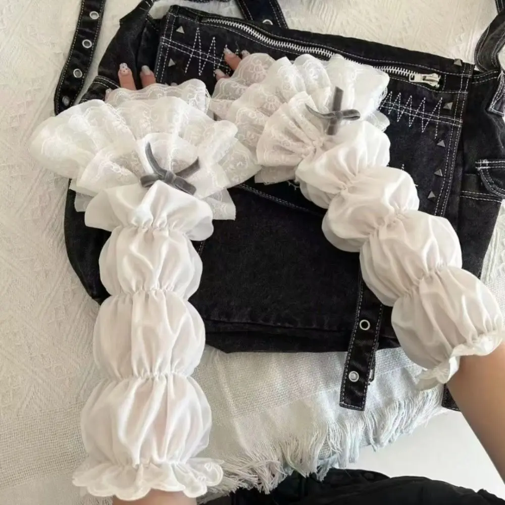 Y2K Lolita Jk Lace Fingerless Gloves Kawaii White Lace Women Sleeve Cover Ballet Strap Bow Cosplay JK Clothing Accessories view 3
