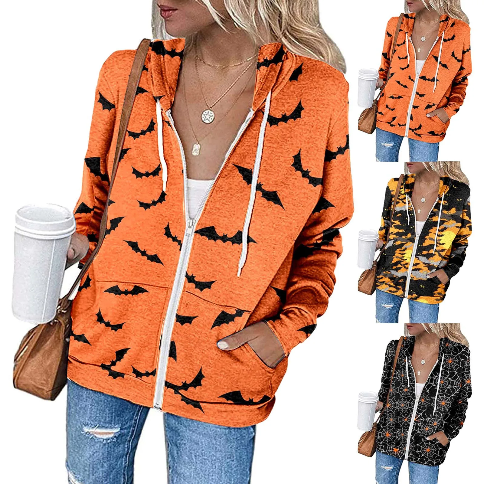 Ladies Halloween Printed Trend Jacket Drawstring Hooded Long-Sleeved Zipper Hoodie Casual All Match Warm Coats Plus Size Tops