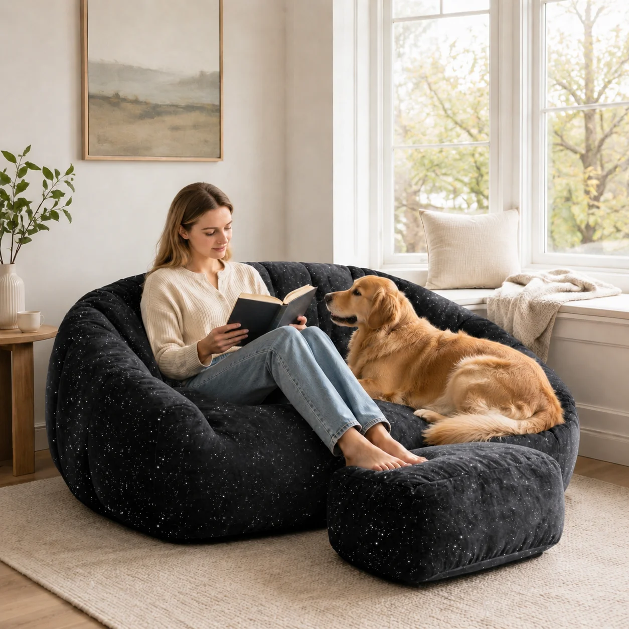 2-Seater Sparkling Chenille Bean Bag Chair w/ Ottoman, Vacuum Compressed, Pet Friendly Base No Assembly Living Room Bedroom