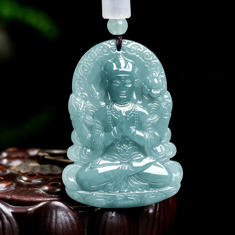 Natural A-grade Blue Water Four-Armed Avalokitesvara Jadeite Pendant Ice-Texture Men's Charms Women's Jewelry Drop Shipping