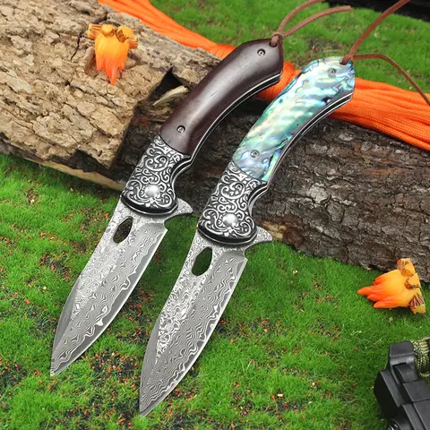 Damascus vg10 steel Outdoor EDC Knife rosewood/colored shell handle Hunting Survival Folding Pocket Knives Hiking Camping Tool