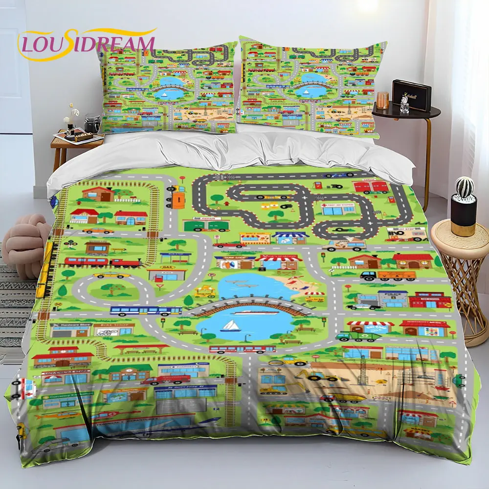 

Child Highway City Traffic Comforter Bedding Set,Duvet Cover Bed Set Quilt Cover Pillowcase,King Queen Size Bedding Set for Kids