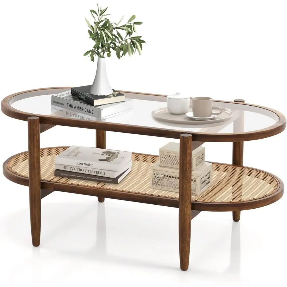 40 Boho Style Oval Acacia Wood Cocktail Table with Tempered Glass Top and Rattan Storage Shelf
