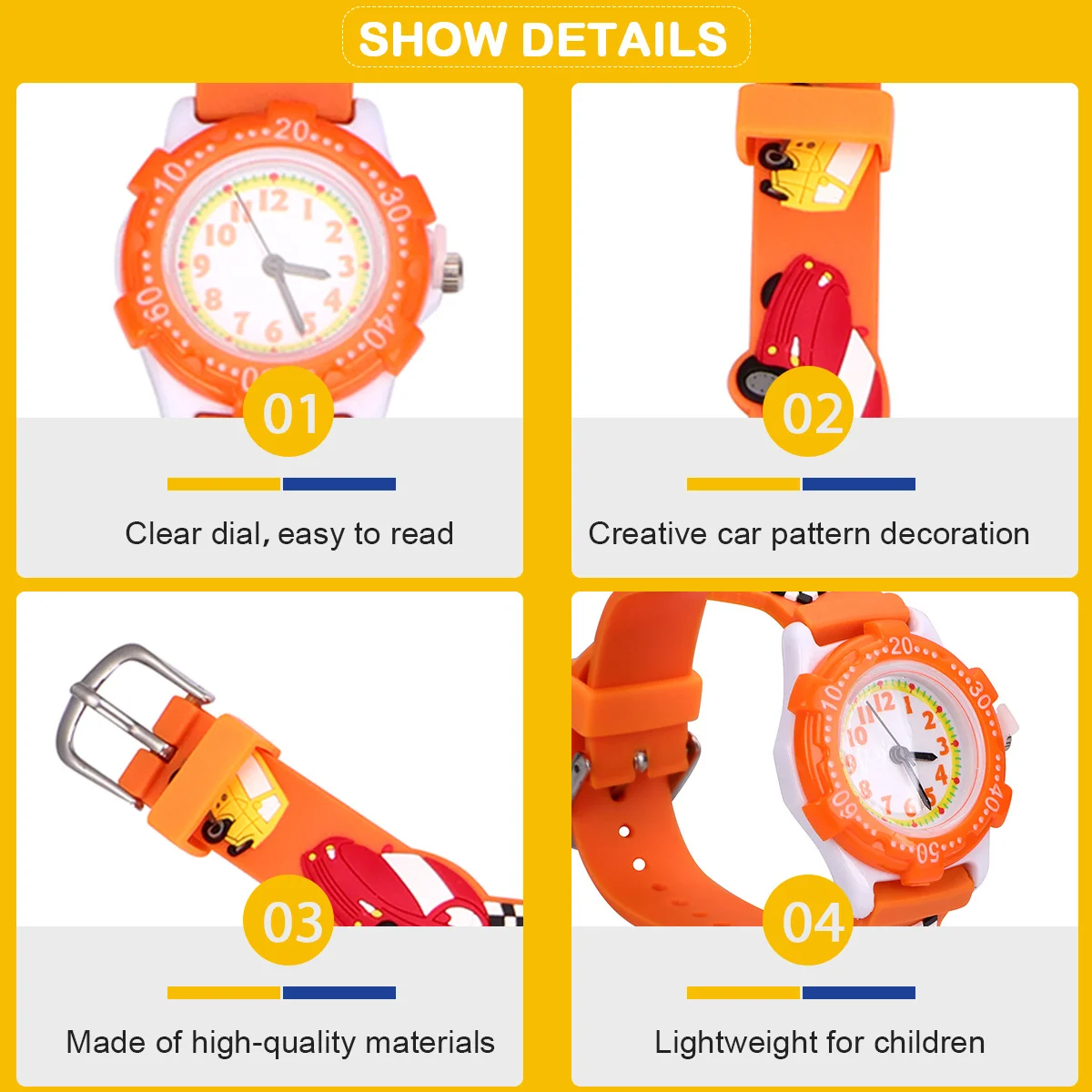 

Cartoon 3D Watch Orange Car Pattern Waterproof Wristwatch Durable Comfortable for Gift