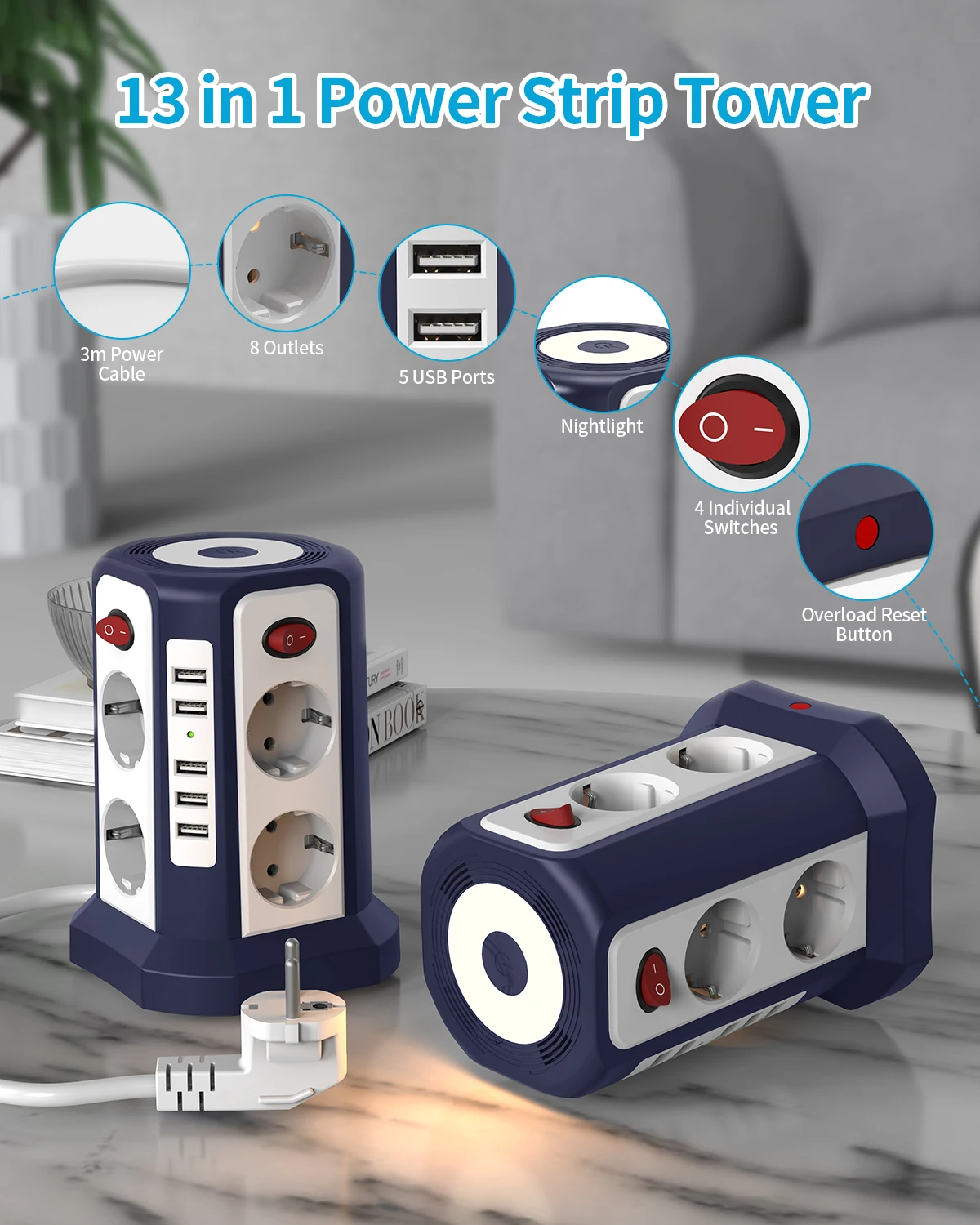 Euro 8-Position Smart Socket Tower with 5 USB Ports Multi-function Expansion and Individual Switch Control for Home and Office