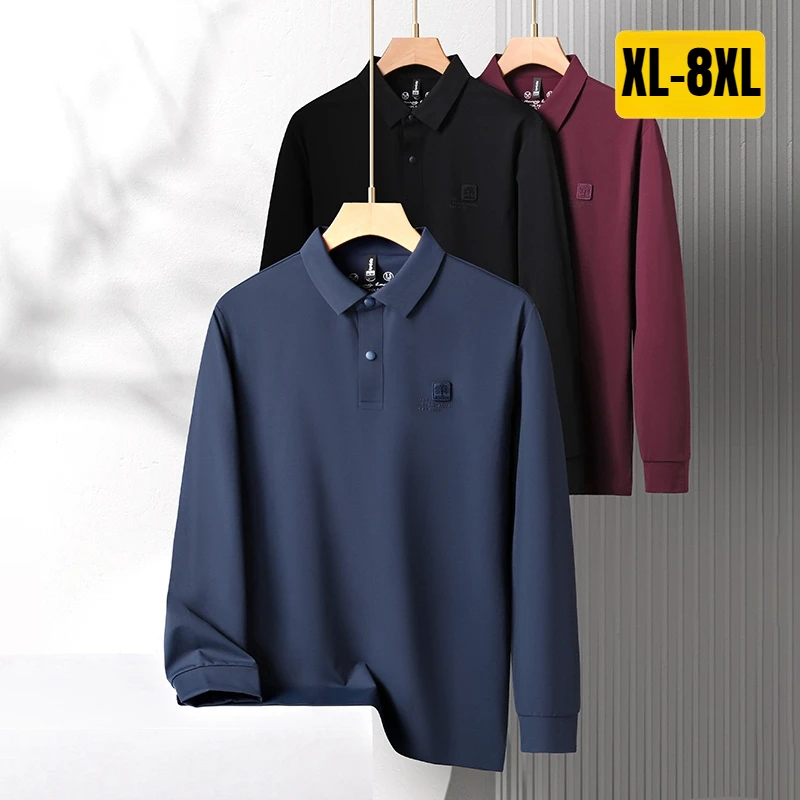 Plus Size 8XL Spring Autumn Elasticity Men's Polo Shirts Luxury Embroidery Long Sleeve Solid Color Casual Male T-shirts