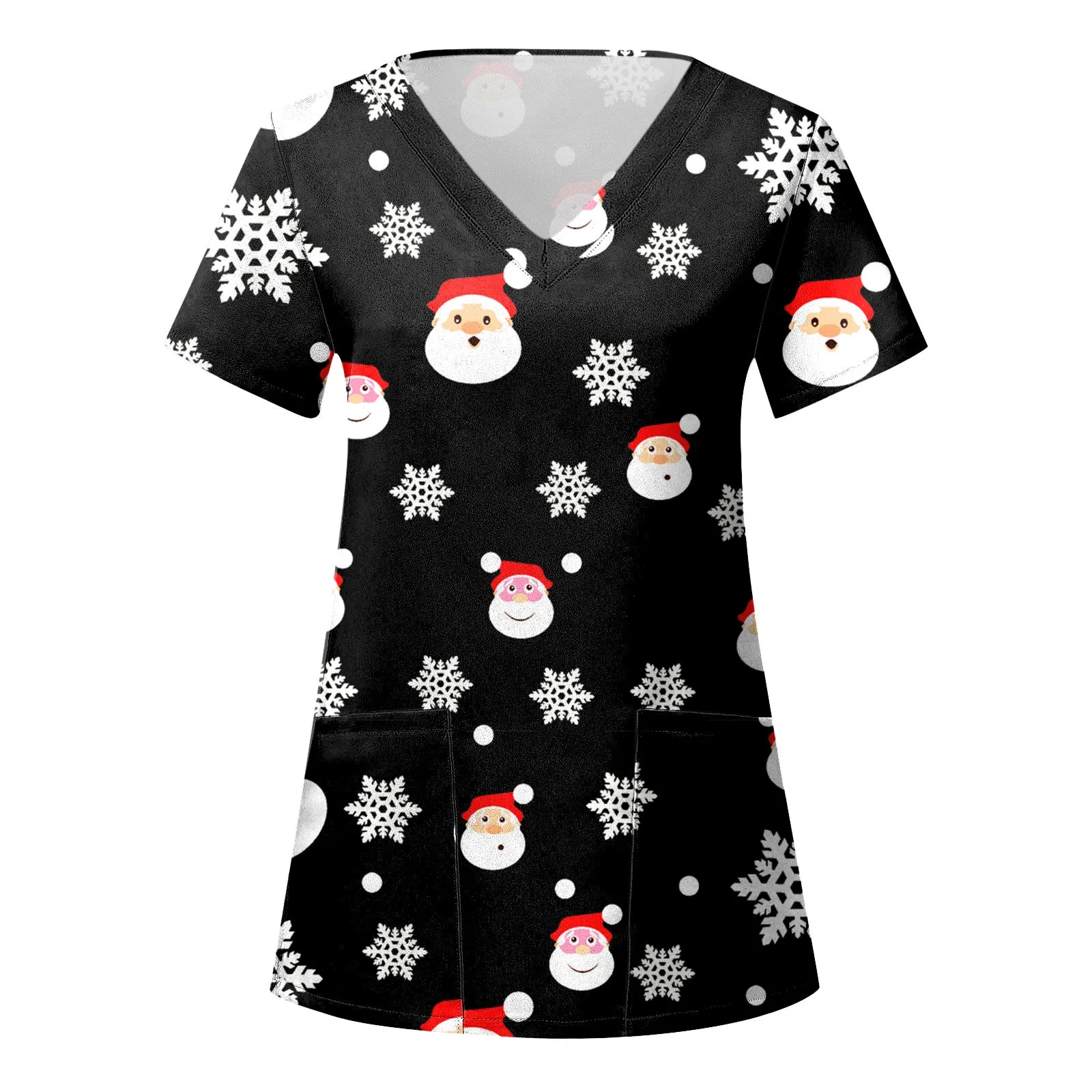 Uniforme de enfermera de Navidad para mujer, Top con estampado de Papá Noel, camisas de manga corta con bolsillos, ropa de trabajo para el cuidado de la salud